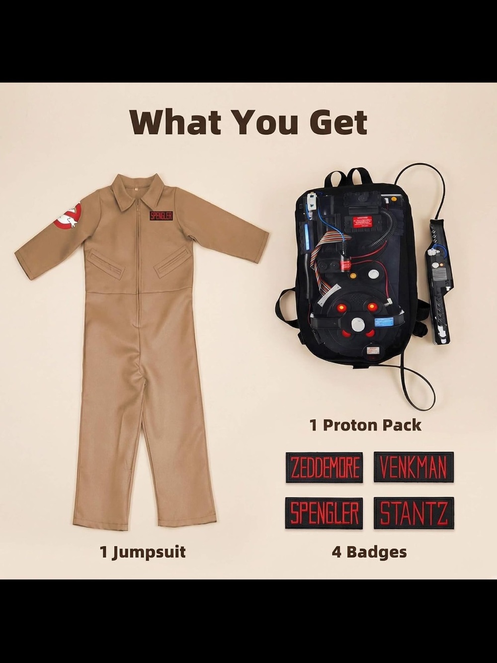 Kids Tan Ghostbuster-Style Jumpsuit Costume with Black Proton Pack and Badges